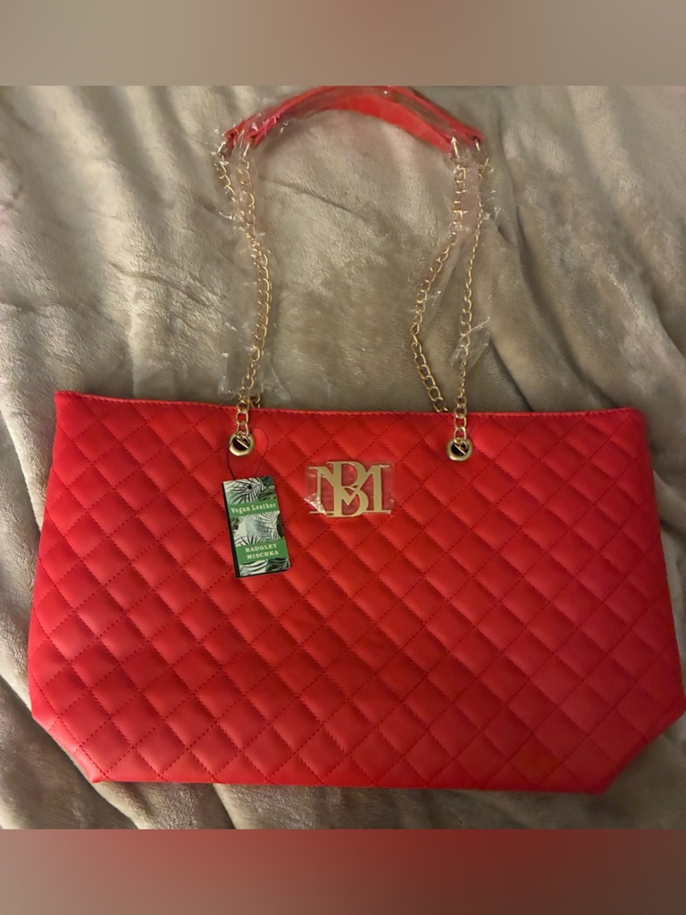NWT Badgley Mischka Quilted Red Tote with Gold Chain Handles